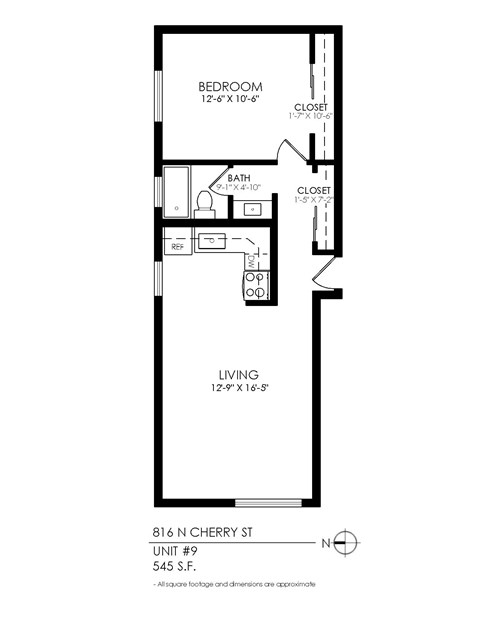 Floor plan for 1 bed, 1 bath, 525 sqft